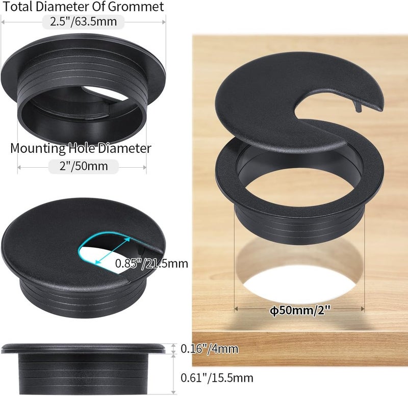 Petutu Desk Grommet 2 Inch, Plastic Desk Cord Cable Hole Cover Grommet - 10 Packs, Black - Image 2
